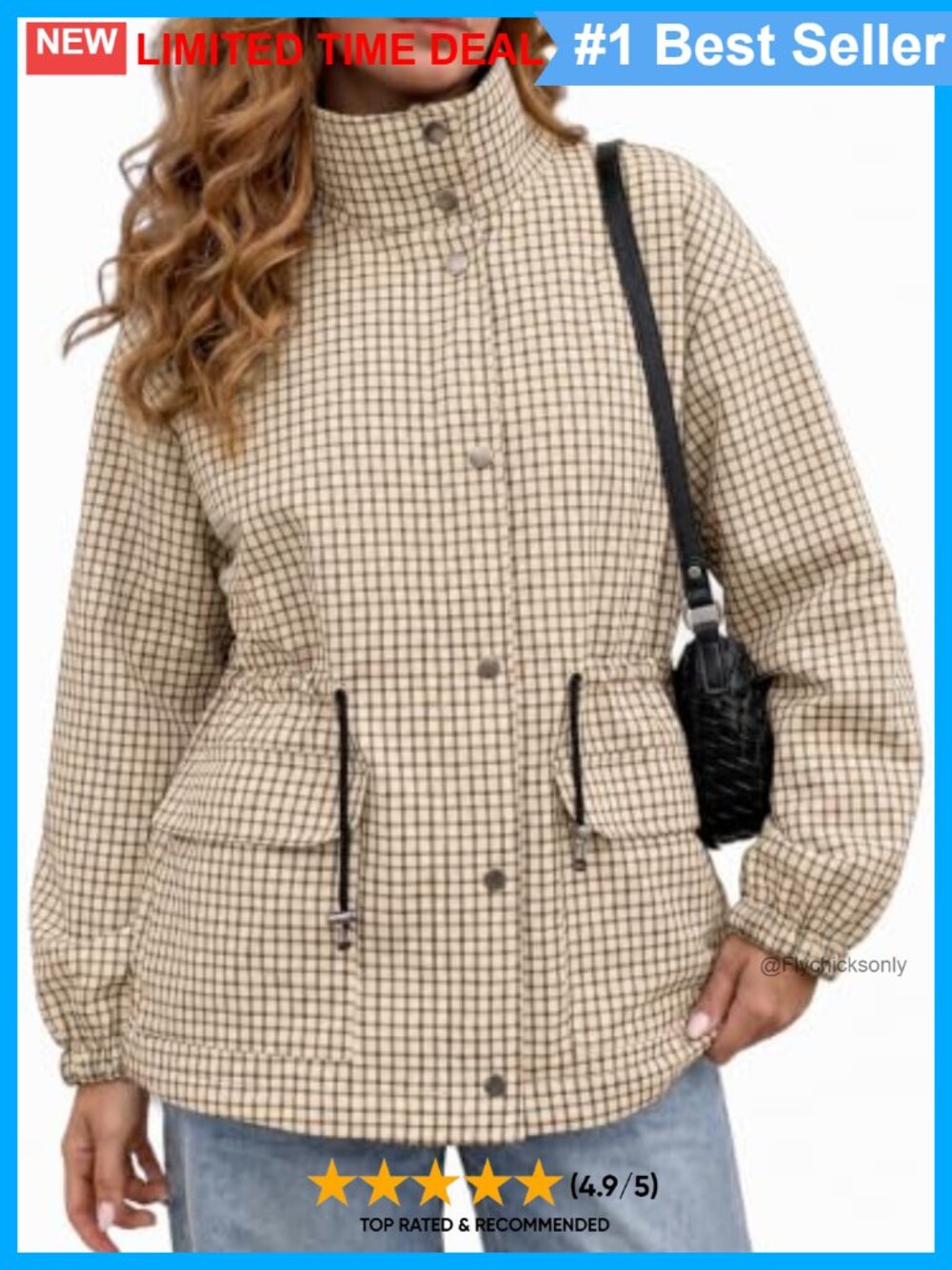 Womens Plaid Zip Up Trench Coat Loose Fit Utility Jacket Windproof